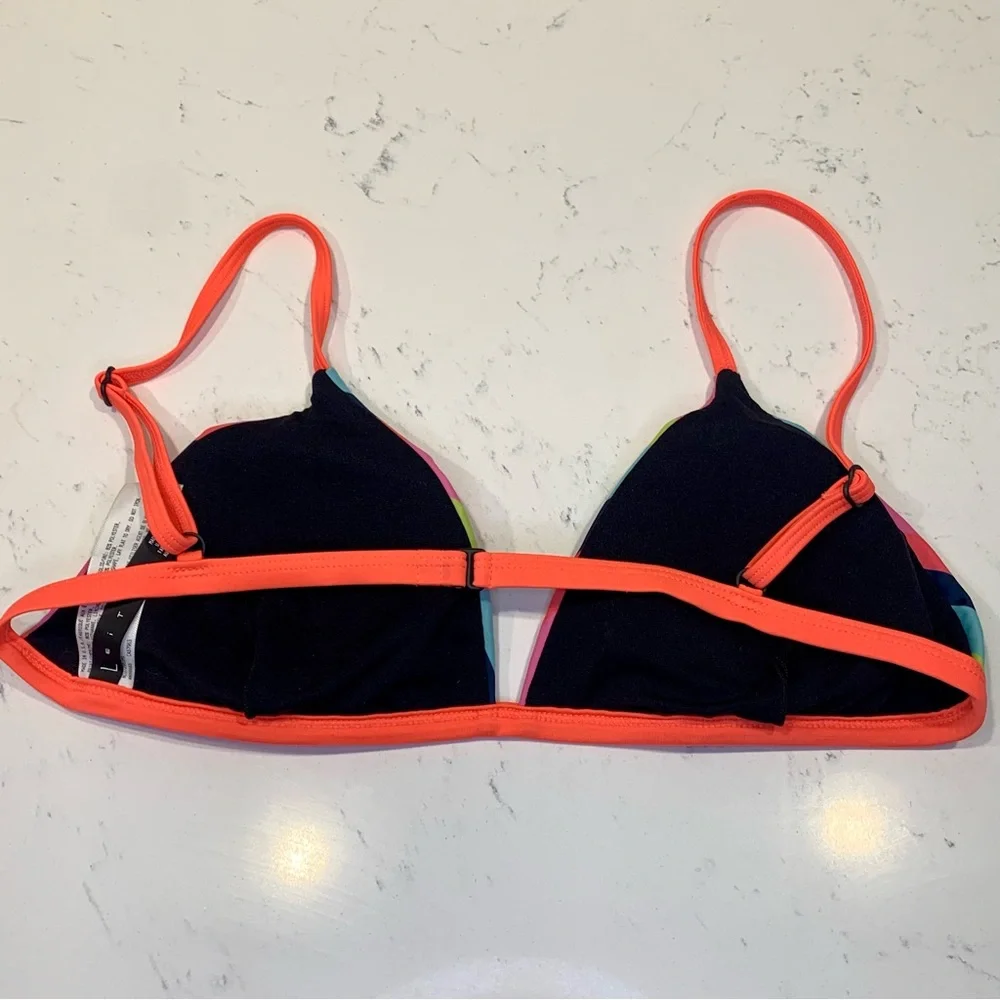 LEITH Bikini Top Pink Blue Striped Swim Large Bright Colorful